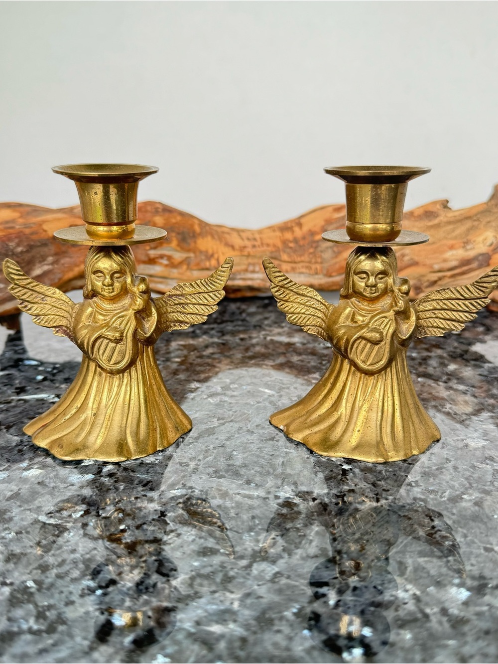 VTG Pair Of Brass Angels Playing Instruments Candle Holders 4.25” Made in India